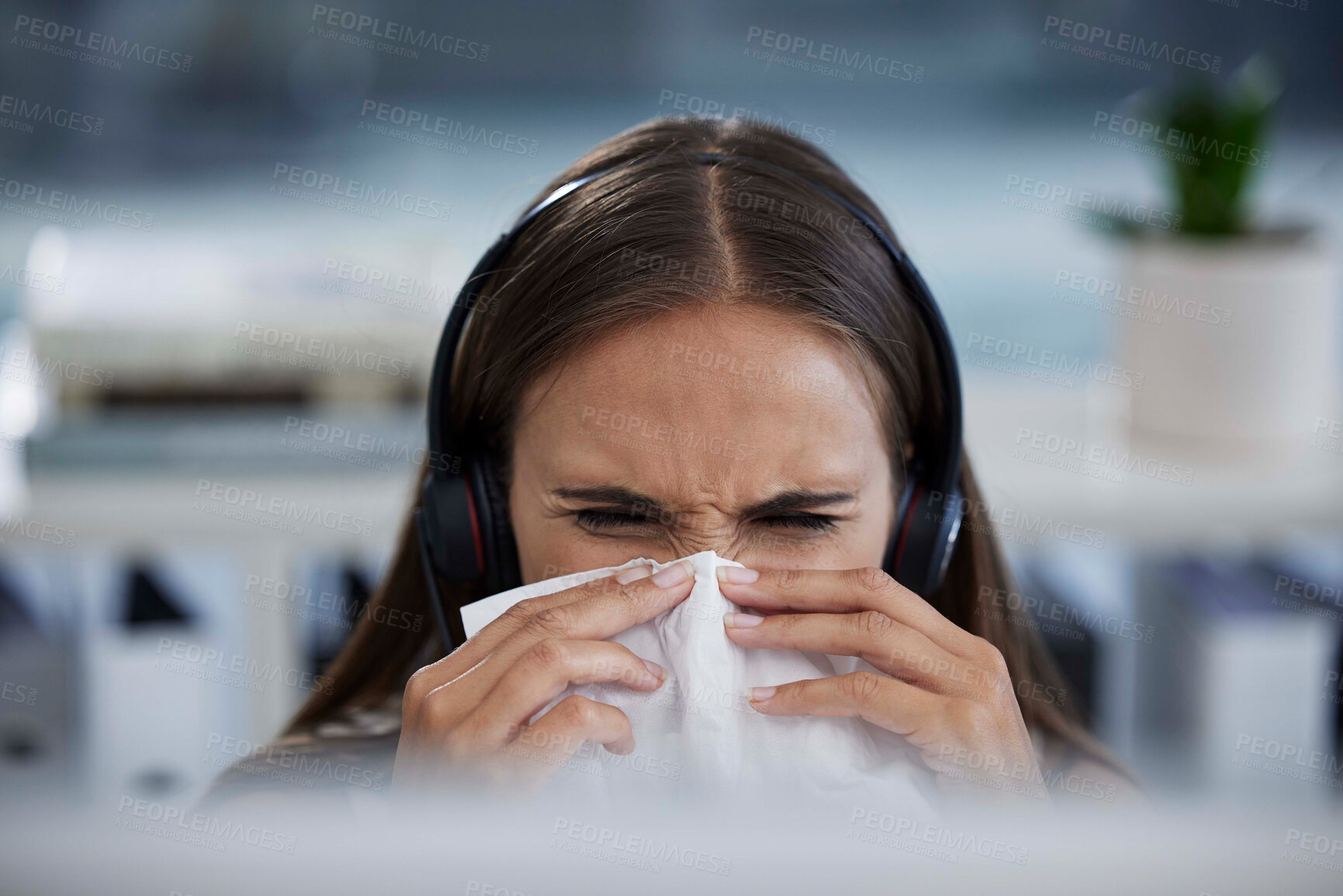 Buy stock photo Sick, tissue and call center woman employee working and blowing nose at a telemarketing job. Customer support, b2b sales worker and contact us business person with virus or allergy at the office