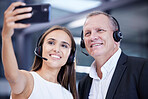 Call center, work and friends phone selfie smile at corporate customer service office in Australia. Workplace friendship and smartphone photograph with senior man and young woman working together. 