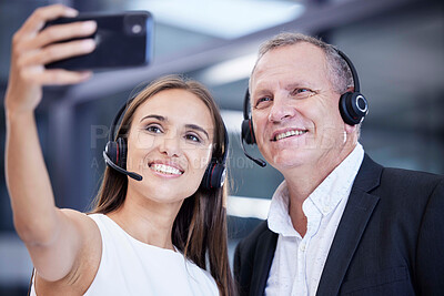 Buy stock photo Call center, work and friends phone selfie smile at corporate customer service office in Australia. Workplace friendship and smartphone photograph with senior man and young woman working together. 