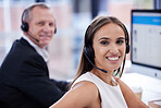 Smile, call center and business team in telemarketing, virtual communication or support on computer, website or software technology. Contact us, crm and corporate woman, consultant or agency portrait