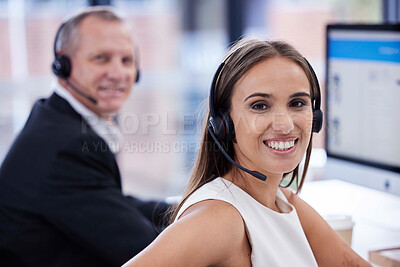 Buy stock photo Smile, call center and business team in telemarketing, virtual communication or support on computer, website or software technology. Contact us, crm and corporate woman, consultant or agency portrait