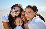 Black family, summer and kids portrait at ocean with lesbian parents enjoying USA summer vacation in sun. Love, care and happy family hug together with smile on holiday break at beach.

