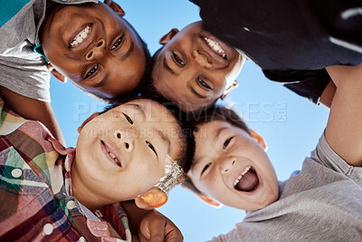 Buy stock photo Children, face and happy with friends group, diversity and support with trust and together bonding outdoor. Team, community and boy kids smile with happiness, care and connection in friendship 