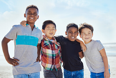 Buy stock photo Beach portrait, diversity and children hug on Miami Florida travel vacation for calm, freedom or outdoor peace. Blue sky, ocean sea and happy youth kids or young friends on summer USA holiday for fun