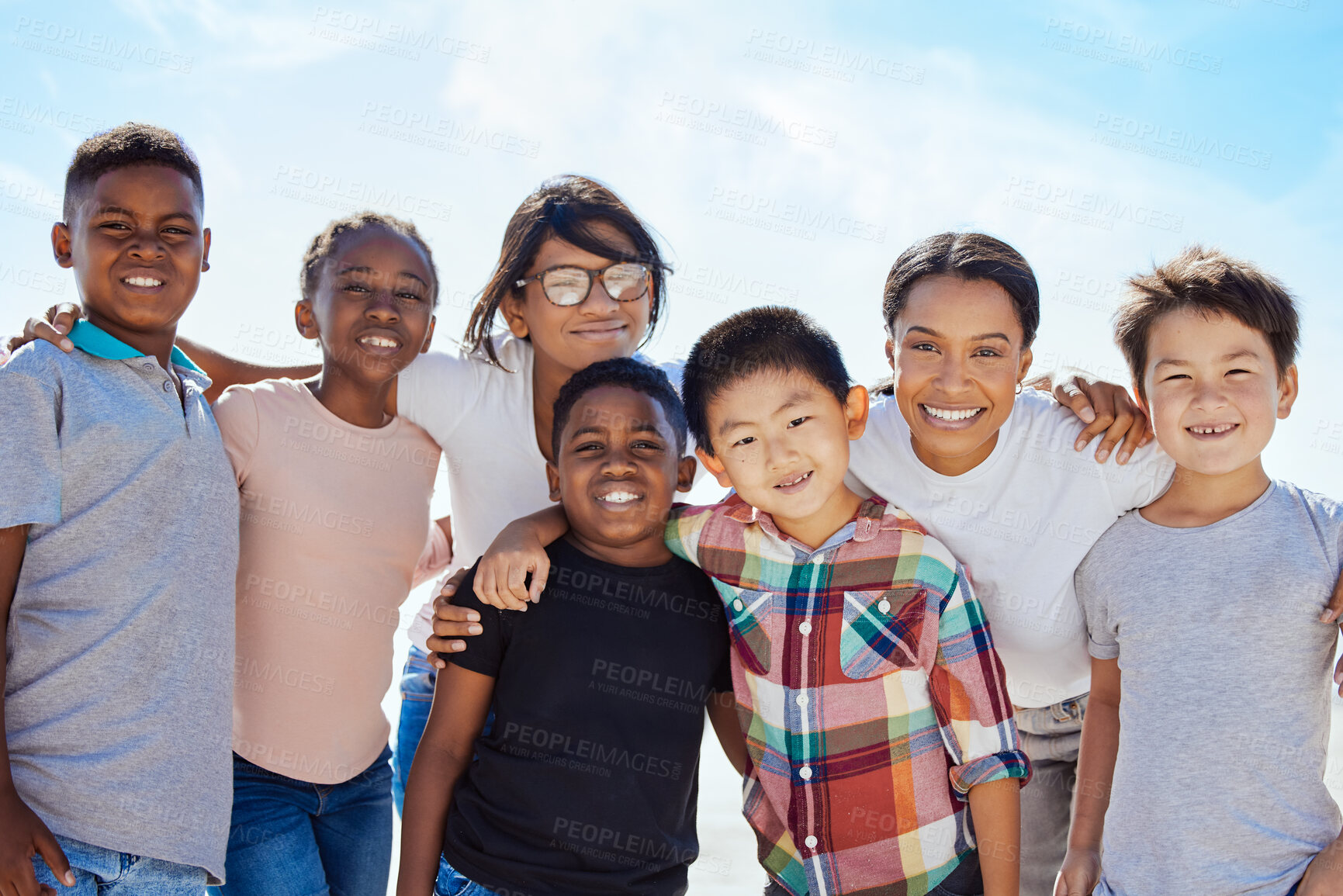 Buy stock photo Family, adoption and kids portrait on beach with mom enjoying USA summer vacation in the sun. Foster, interracial and happy family hug together with smile on vacation break in nature.

