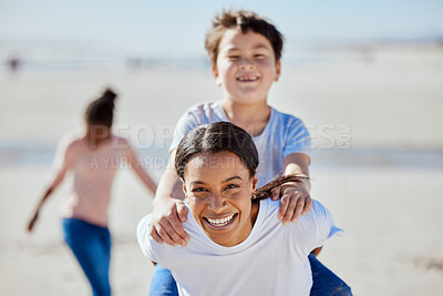 Buy stock photo Mom, child or beach piggyback in portrait for smile, interracial adoption family bonding or outdoor vacation in summer. Happy family, asian kid and black woman for game, ride or love on ocean holiday