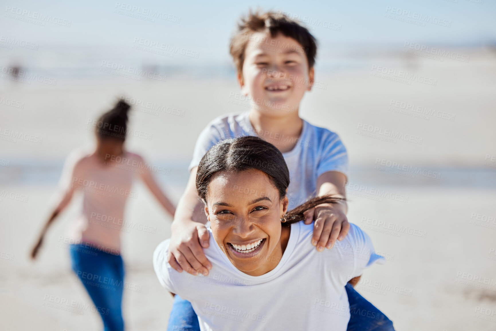 Buy stock photo Mom, child or beach piggyback in portrait for smile, interracial adoption family bonding or outdoor vacation in summer. Happy family, asian kid and black woman for game, ride or love on ocean holiday