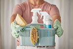 Cleaning products, cleaner service hands and home clean basket for house disinfection of dusk. Chemical, brush and woman hand in a household with hygiene equipment and rubber gloves ready for work 