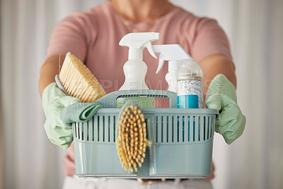 Buy stock photo Cleaning products, cleaner service hands and home clean basket for house disinfection of dusk. Chemical, brush and woman hand in a household with hygiene equipment and rubber gloves ready for work 