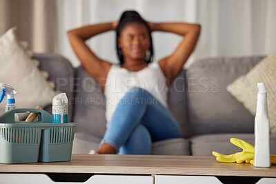 Buy stock photo Happy, relax and black woman on the sofa after cleaning, housework peace and enjoying a clean house. Chores, smile and African cleaner with happiness, calm and content after housekeeping the lounge