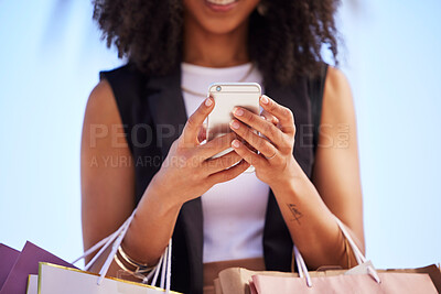 Buy stock photo Hands of black woman, smartphone and outdoor for shopping, retail and social media for connection, typing and city. Female, girl and cellphone for ecommerce, check online sales and boutique purchase
