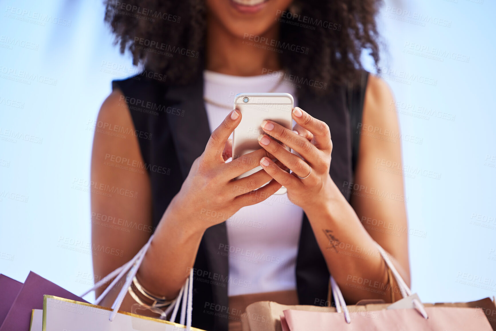 Buy stock photo Hands of black woman, smartphone and outdoor for shopping, retail and social media for connection, typing and city. Female, girl and cellphone for ecommerce, check online sales and boutique purchase