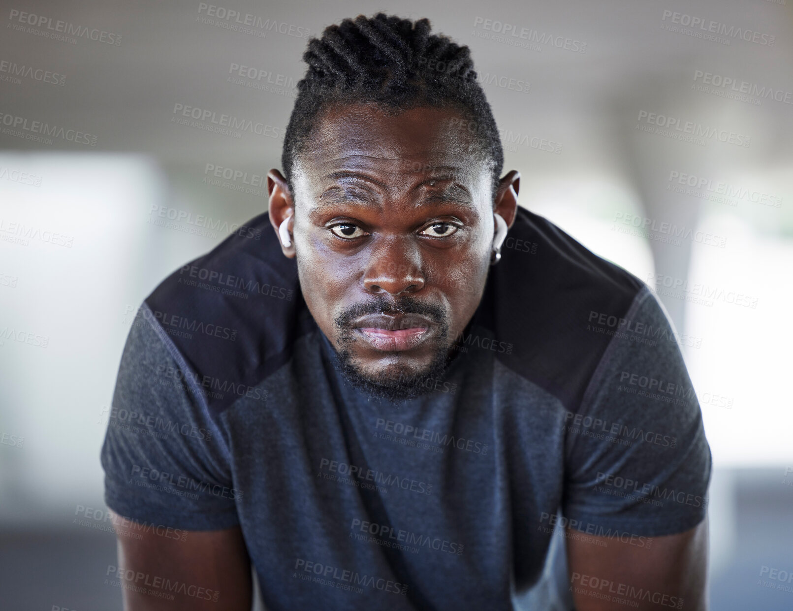 Buy stock photo Black man, face and fitness rest with music for exercise workout, cardio training and healthcare wellness outdoor. African athlete, audio focus motivation and sports runner break or mindset vision