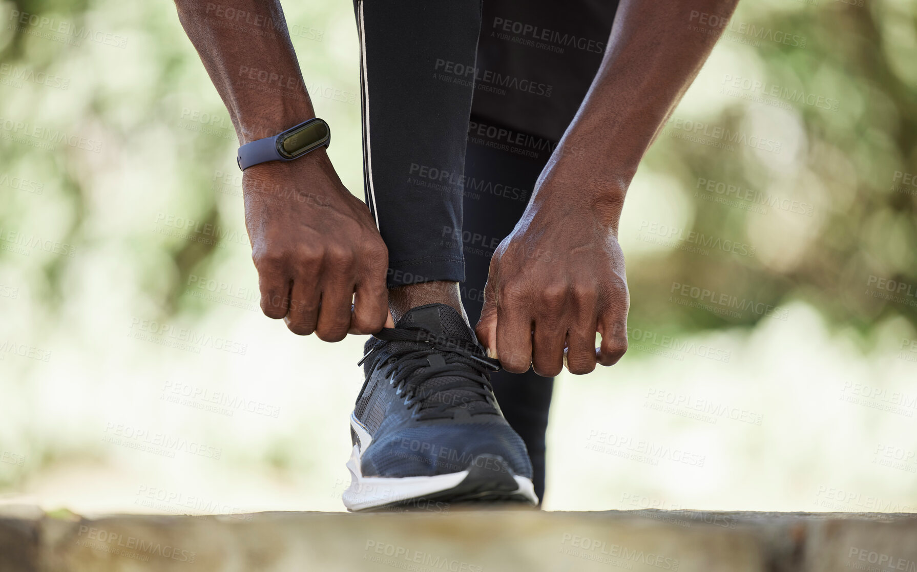 Buy stock photo Black man with sneakers, runner and exercise outdoor with fitness run and healthy lifestyle, wellness with athlete and sport. Runner, workout shoes and body training with sports motivation and cardio