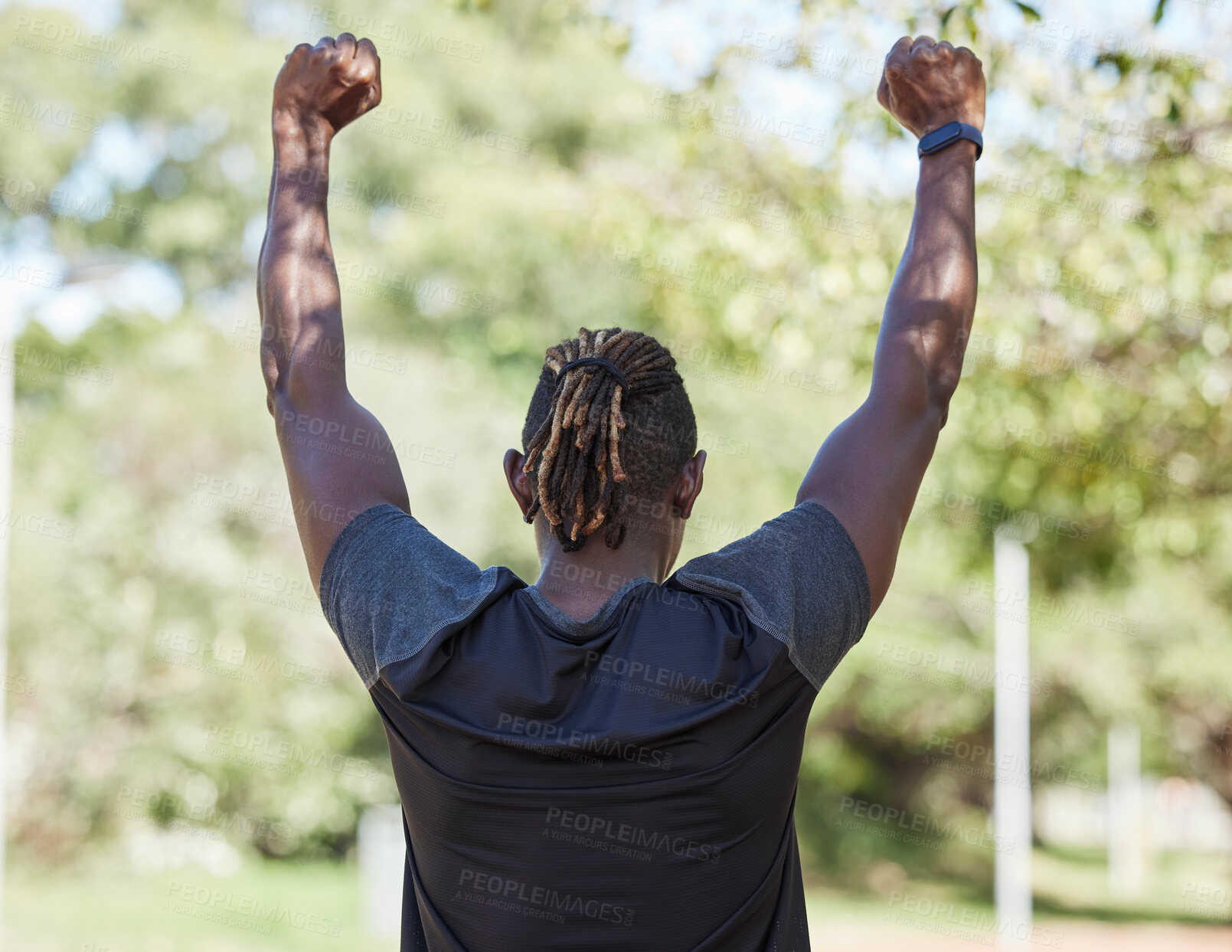 Buy stock photo Winner, fitness and black man running outdoor with success, exercise in park with training and active lifestyle. Runner back view, freedom with workout and sports motivation, celebration, win and run