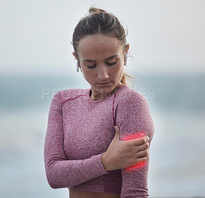 Buy stock photo Arm pain, fitness and training woman with medical exercise injury outdoor of muscle inflammation. Runner, wellness and athlete with a workout accident and body health problem in nature after sport