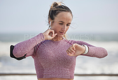 Buy stock photo Young woman, fitness and heart rate on neck pulse for nature training. Sports runner, athlete and girl check smart watch, health progress or exercise time to monitor workout progress, energy and body