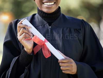 Buy stock photo University graduation, diploma and hands of black woman with award for studying achievement. Closeup graduate student with paper certificate of success, celebration and education goals of learning