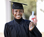 Black woman, graduation certificate with university portrait, success and graduate with education and achievement. Student in graduation cap outdoor, motivation and future, happy woman with diploma