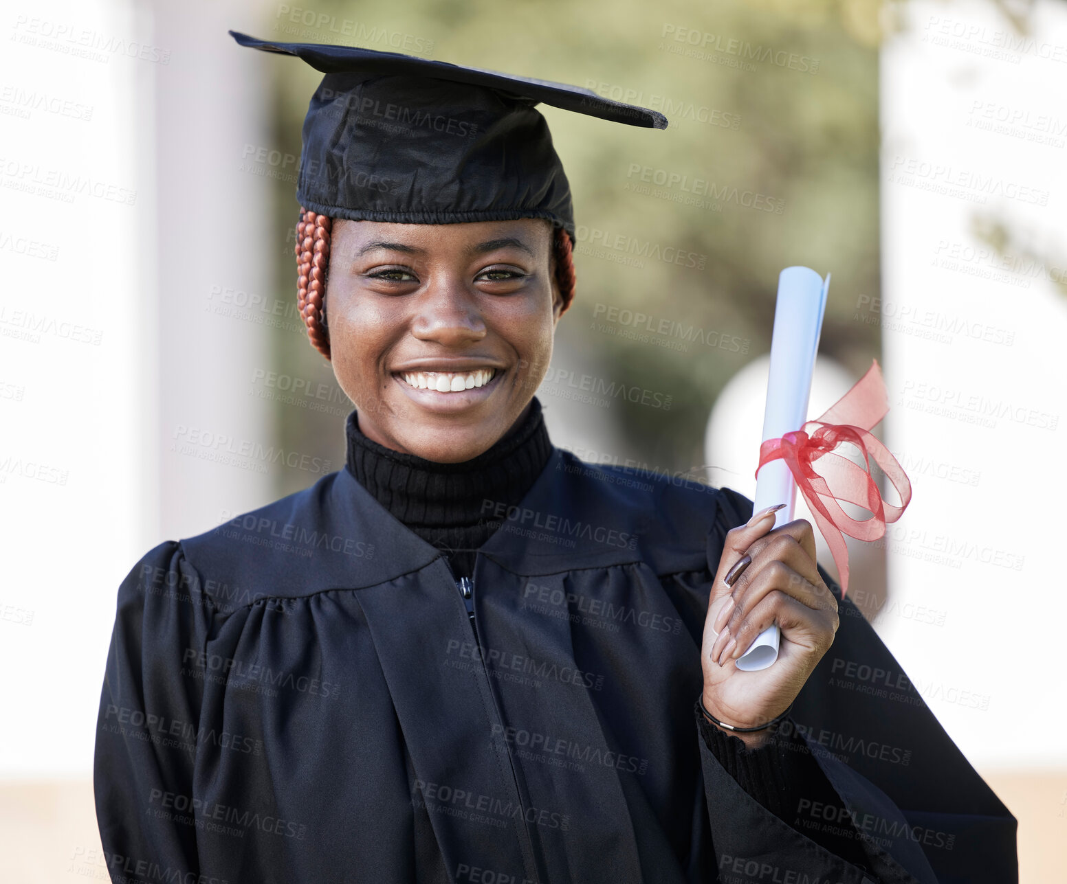 Buy stock photo Black woman, graduation certificate with university portrait, success and graduate with education and achievement. Student in graduation cap outdoor, motivation and future, happy woman with diploma