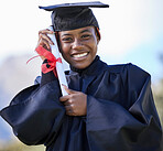 Graduate, certificate with education and black woman portrait, university success and graduation with achievement. Student in graduation cap outdoor, motivation and future, happy woman with diploma