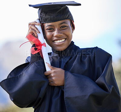 Buy stock photo Graduate, certificate with education and black woman portrait, university success and graduation with achievement. Student in graduation cap outdoor, motivation and future, happy woman with diploma