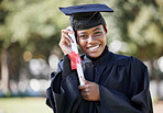 Graduate with certificate, black woman at graduation with university success in portrait and achievement. Student in graduation cap outdoor, motivation and future, happy woman with diploma and mockup