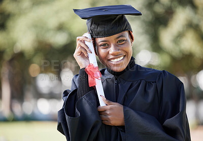 Buy stock photo Graduate with certificate, black woman at graduation with university success in portrait and achievement. Student in graduation cap outdoor, motivation and future, happy woman with diploma and mockup