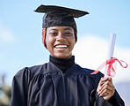 Diploma, education and black woman graduate in portrait, university success and graduation achievement. Student in graduation cap outdoor, motivation and future, happy woman with certificate