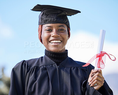 Buy stock photo Diploma, education and black woman graduate in portrait, university success and graduation achievement. Student in graduation cap outdoor, motivation and future, happy woman with certificate