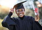 Graduate, certificate and black woman with graduation cap in portrait, education with university success and achievement. Student, graduation outdoor and motivation, happy woman with diploma 