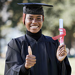 Portrait, black woman and thumbs up for graduation, education and success with degree. African American female, hand or student with scholarship, graduate and diploma with achievement, goal and smile