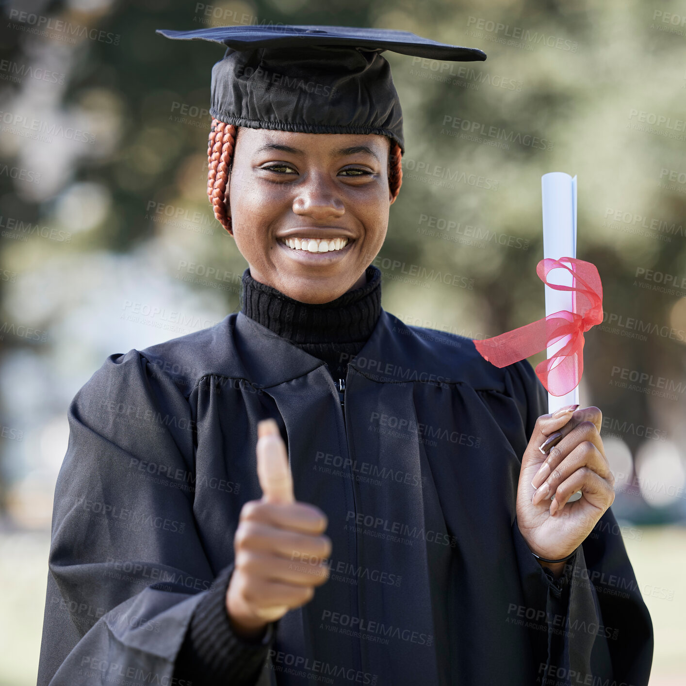 Buy stock photo Portrait, black woman and thumbs up for graduation, education and success with degree. African American female, hand or student with scholarship, graduate and diploma with achievement, goal and smile