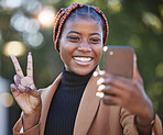 Face, phone selfie and black woman with peace sign at park outdoors. Technology, cellphone and female with hand gesture taking picture or photo on mobile smartphone for happy memory or social media.