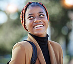 Face, happy black woman and student at park ready for learning, studying and education. Scholarship, freedom and smile of female lost in thoughts, thinking and contemplating knowledge outdoors alone.