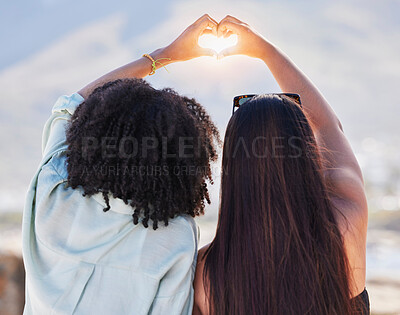 Buy stock photo Women back, heart and hands together for beach travel holiday, summer vacation and relax quality time friendship. Friends, love sign emoji and happiness lifestyle for ocean sunshine or adventure