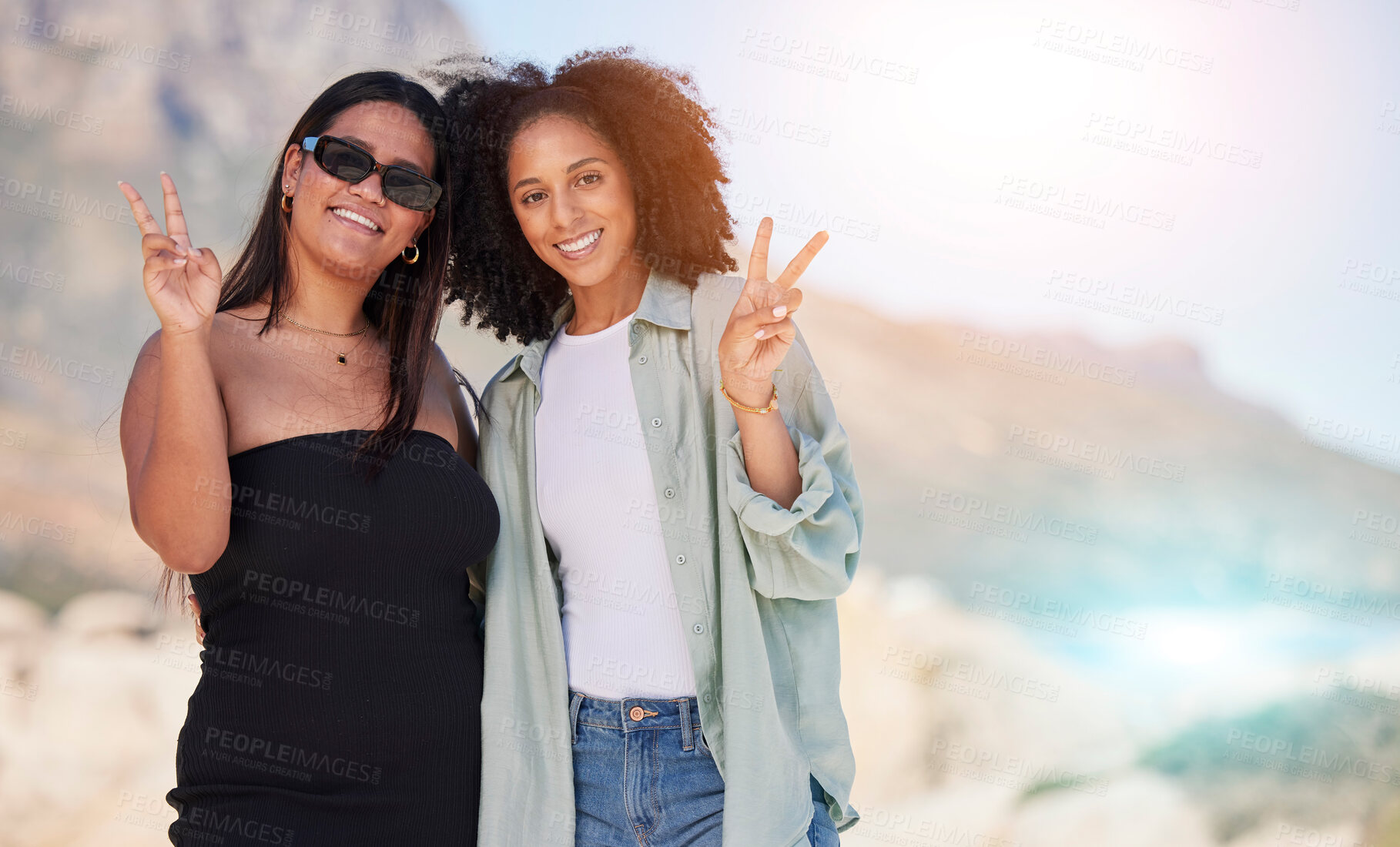 Buy stock photo Women, friends and sign for peace, smile and travelling for vacation, holiday and bonding. Females, girls or hands for sign language, harmony or summer break for bonding, loving or happiness to relax