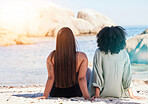 Women, lgbtq and back view at beach for love, care and summer holiday, vacation and travel. Gay, lesbian and couple of friends relax on sea sand, ocean and outdoor sunshine in nature, peace and calm