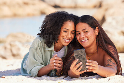 Buy stock photo Friends, smartphone selfie and beach happiness together for summer holiday, travel vacation or quality time bonding. Women, smile and phone photography memories or ocean sea adventure in sunshine