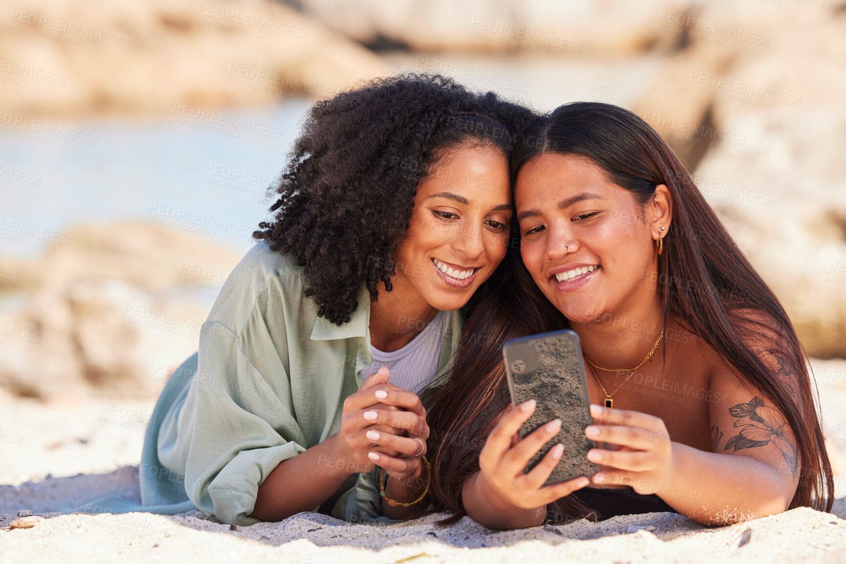 Buy stock photo Friends, smartphone selfie and beach happiness together for summer holiday, travel vacation or quality time bonding. Women, smile and phone photography memories or ocean sea adventure in sunshine