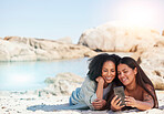 Friends, phone selfie and relax beach travel together for summer holiday, vacation or quality time bonding. Women, smile and happiness for smartphone photography or ocean sea adventure in sunshine