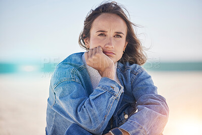 Buy stock photo Mental health, woman and thinking on beach, depression and sad with financial crisis, problems or issue. Female, girl and mindset with anxiety, peace or calm on seaside vacation, frustrated or travel