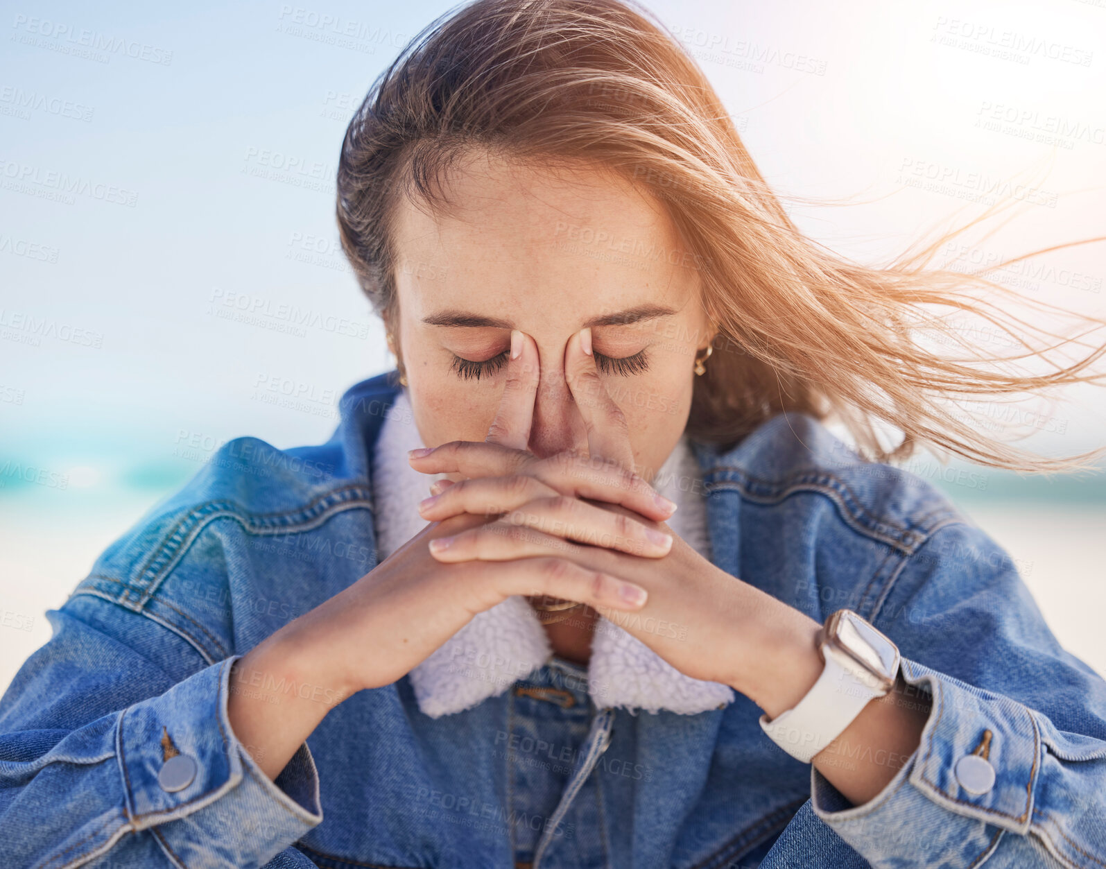 Buy stock photo Woman, beach and stress headache for anxiety, depression or mental health pain. Young tired girl, thinking burnout and depressed head pain, overwhelmed fear or frustrated migrain by ocean sea outdoor