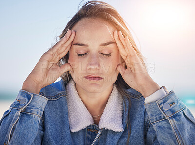 Buy stock photo Thinking woman, stress face or anxiety by beach, ocean environment or sea nature in healthcare wellness meditation. Mental health, mind burnout or depression person with psychology crisis or headache