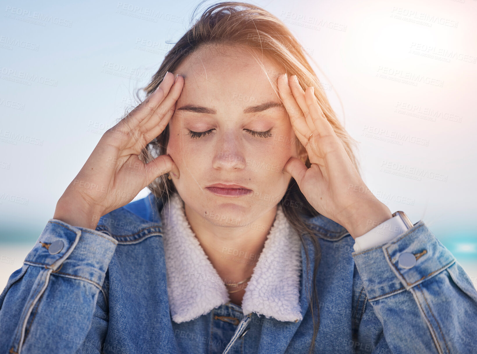 Buy stock photo Thinking woman, stress face or anxiety by beach, ocean environment or sea nature in healthcare wellness meditation. Mental health, mind burnout or depression person with psychology crisis or headache