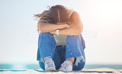 Buy stock photo Sad woman, stress or depression by beach, ocean nature or sea environment and bipolar, psychology crisis or mind crisis. Mental health, anxiety or mind burnout person in mistake fear, risk or problem