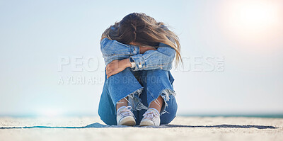 Buy stock photo Sad woman, stress or depression by beach, sea environment or nature ocean with bipolar, loneliness or burnout. Mental health, anxiety or confused person crying with doubt, crisis fail or bad problem