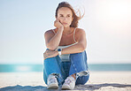 Sad, thinking and depression with woman at beach feeling stress, exhausted and problems. Mental health, crisis and anxiety with depressed girl alone with frustrated, worry and confused by the sea