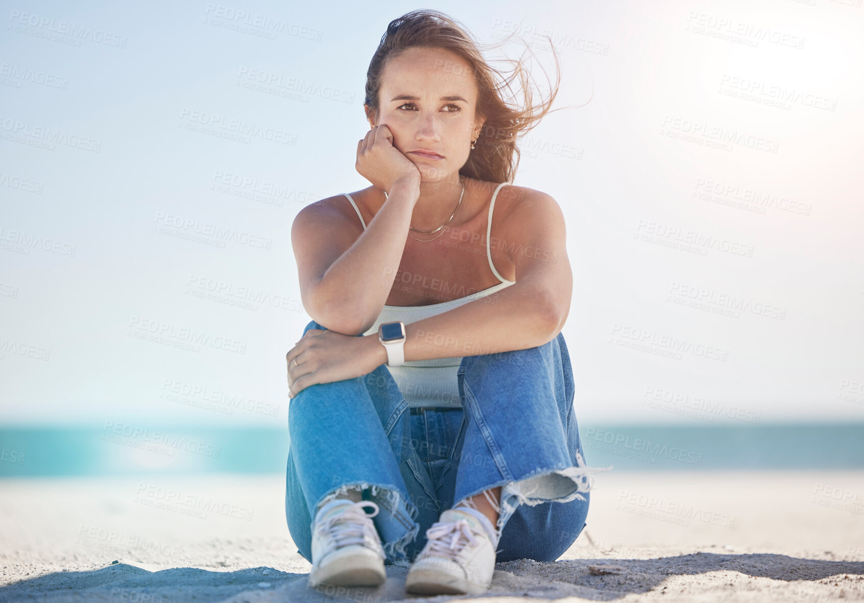 Buy stock photo Sad, thinking and depression with woman at beach feeling stress, exhausted and problems. Mental health, crisis and anxiety with depressed girl alone with frustrated, worry and confused by the sea