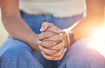 Woman, prayer hands or clasped together for depression help, burnout solution hope or religion routine. Zoom, nervous person fingers or mental health stress in psychology healthcare wellness or faith